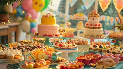 A large table with a variety of birthday party foods and a beautifully decorated cake