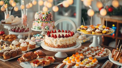 A large table with a variety of birthday party foods and a beautifully decorated cake