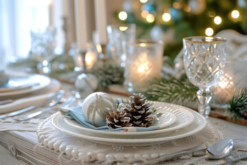 Elegant holiday table setting with crystal glassware and a festive centerpiece, illuminated by soft candlelight.