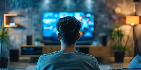 Man watching TV in living room from behind focused on screen. Concept Watching TV, Home Entertainment, Living Room, Relaxation, Leisure Time
