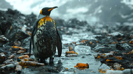 A penguin is covered with oil on the polluted glacier filled with trash, plastics and bottles due to human consumptions and unethical behavior