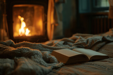 Open book and cozy blanket by a fireplace, creating a perfect setting for a relaxing winter evening.