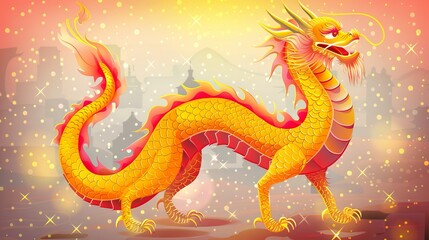 Obraz premium Colorful dragon illustration with vibrant details. Chinese golden dragon. Perfect for cultural themes, mythical concepts, and artistic designs
