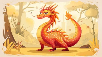 Obraz premium Red and gold dragon illustration with vibrant details. Chinese dragon. Perfect for cultural themes, mythical concepts, fantasy and artistic designs