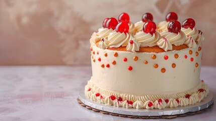 Creamy cake adorned with cherries and colorful sprinkles. Delicious dessert topped with cherries and vibrant decorations. Concept of celebration, dessert, baking, and festive occasions
