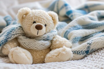 Plush teddy bear wrapped in a soft, knitted scarf, evoking warmth and comfort