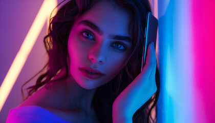 Neutral facial expression. Fashionable young woman standing in the studio with neon light.Neutral...