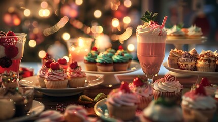 A table set with an assortment of cupcakes, snacks, and drinks with festive decorations