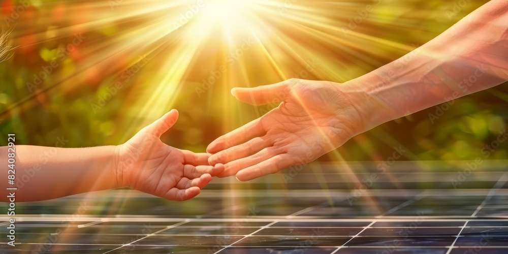 Poster a symbolic image of an adult and childs hand connecting over solar panels, representing generational