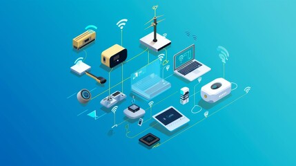 An isometric illustration of interconnected smart devices forming a network, showcasing the concept of the Internet of Things (IoT).