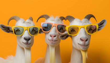 Groovy Goats in Shades A Colorful Twist on Farmyard Chic Three goats wearing yellow glasses with yellow glasses Eid Al Adha