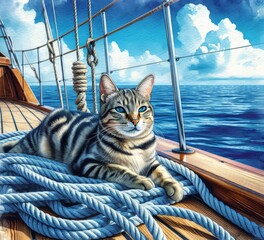 Obraz premium A tabby cat is lounging on a coiled rope on the deck of a sailing vessel, basking in the sunlight with clear blue skies and calm seas in the background