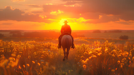 A cowboy riding his horse at sunset