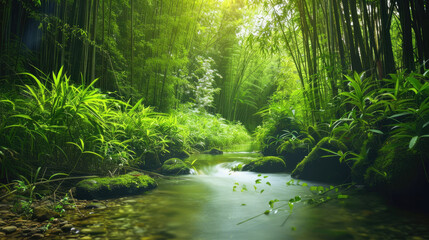 Arafed view of stream in lush bamboo forest suitable for naturethemed designs, environmental concepts, relaxation content, and travel brochures. - Powered by Adobe