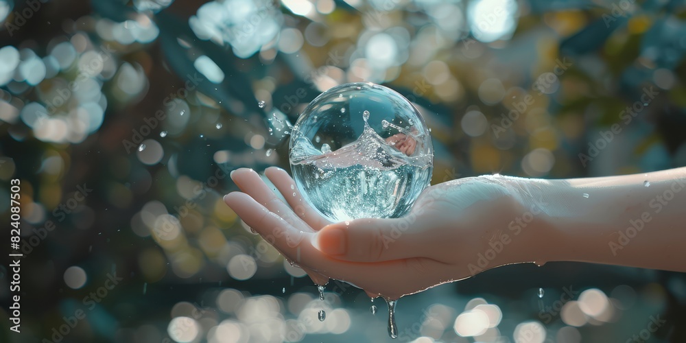 Poster a hand holding a clear water sphere amidst splashes and bokeh, symbolizing the purity and fluidity o
