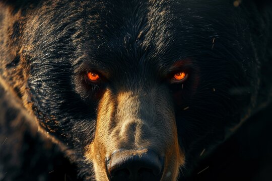 Startling Bear face fiery red eyes. Wild head. Generate Ai