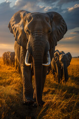 Fototapeta premium Herd of Elephants Walking Across Grass Covered Field
