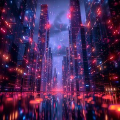 Frontal view of a futuristic city, abstract data patterns weaving through skyscrapers like flowing neon lights, digital CG 3D, photorealistic rendering, high contrast night scene