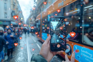 A crowd of people watching live streaming from smartphones on a city street