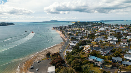Aerial View from the Beach, Green Trees, City Streets and Waves - Tahuna Torea, Bucklands Beach View in New Zealand - Auckland Area	