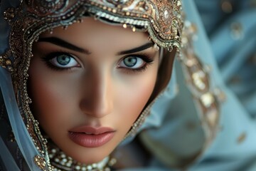 Refined Beautiful arabic woman. Fashion person girl head scarf. Generate Ai