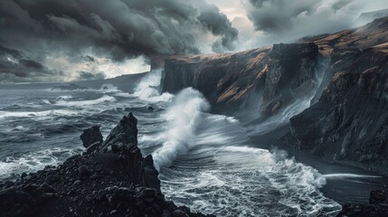 beautiful landscape with mountains and the sea with waves on a dark day