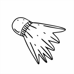 Shuttlecock in doodle style with outline. Doodle illustration. Black and white illustration. Shuttlecock isolated on white background.