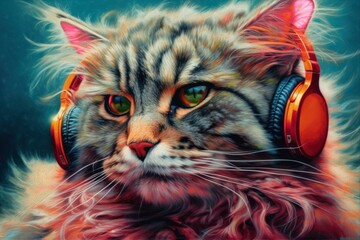  Cat at rave with colorful headphones and vibrant lighting, artistic digital illustration  party promotions