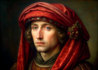 portrait of a person in a red scarf in Jan van Eyck oil painting style