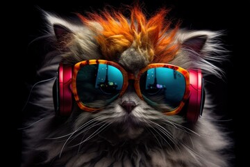  Funky cat at rave party wearing colorful sunglasses and headphones, vibrant nightlife and music scene concept