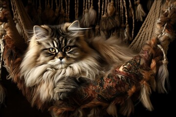  Majestic long-haired cat relaxing in bohemian macrame hammock, luxurious fur and intricate patterns, cozy ambiance
