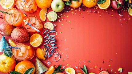Colorful festive fruit arrangement with party decorations on vibrant red background, perfect for holiday celebrations and cheerful events