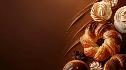  Assorted pastries on rich chocolate background, featuring croissants and whipped cream desserts for bakery advertisement