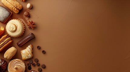  Assorted chocolate and vanilla sweets and pastries on brown background with space for text, dessert food concept