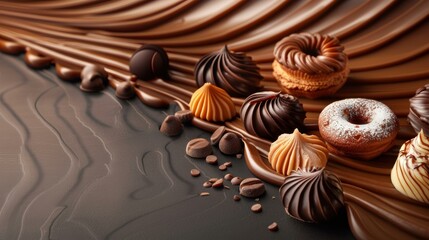  Assorted gourmet chocolate and caramel desserts on textured background, close-up for confectionery marketing or product display.