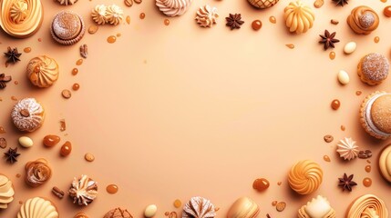  Assorted pastries and sweets with caramel and spices on beige background, top view with copy space for text or design
