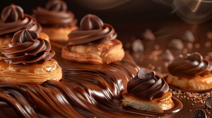  Decadent chocolate pastries with rich icing and crisp layers of dough on a smooth chocolate backdrop.