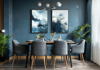 Blue dining room interior with wooden table, gray chairs and plant on wall above it mock up. Set of paintings hanging in modern apartment with plants and flowers