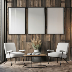  a simple minimalist waiting office room. There should be three frame mockups on the wall in the room. 