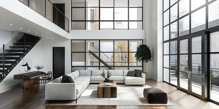 Modern loft living room with large windows hardwood ceilings white walls. Concept Interior Design, Loft Living, Modern Decor, Large Windows, Hardwood Ceilings, White Walls
