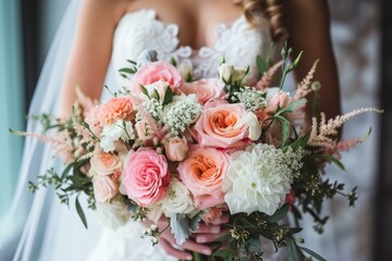 Close-up of bride in a white dress holding a beautiful bouquet of pink roses and white flowers