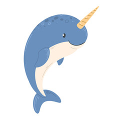 Narwhal in a cute cartoon style isolated on white. illustration with a blue smiling narwhal.