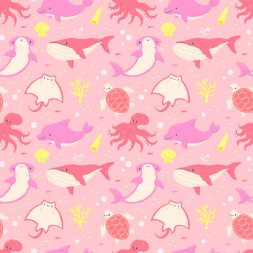Ocean animals seamless cartoon pink pattern. Background pattern with dolphin, whale, shark, stingray, turtle, octopus.