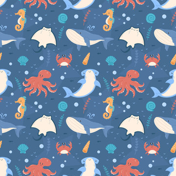 Sea animals seamless cartoon blue pattern. Background pattern with crab, whale, octopus, shark, stingray, seahorse.