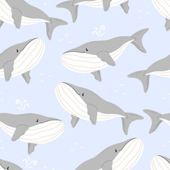 Seamless pattern with cute cartoon whales on a blue background. illustration background.