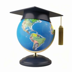 Globe wearing graduation cap representing global education and academic achievement on white background