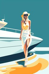 Woman in summer dress enjoying luxury yacht vacation in bright sunlight.