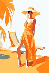 Elegant woman enjoying summer vacation on tropical beach with sunhat, sunglasses, and palm trees background illustration