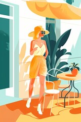Stylish woman in summer hat enjoying outdoor cafe: vibrant illustration with tropical plants and modern architecture