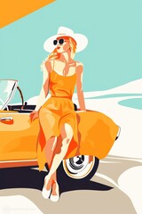 Elegant woman in summer dress and hat posing with classic car on sunny beach vacation.